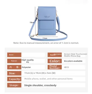 Tableau des tailles et spécifications du sac à bandoulière en similicuir bleu pour téléphone