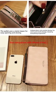 Pink long zipper wallet showing internal compartments and size comparison with phone