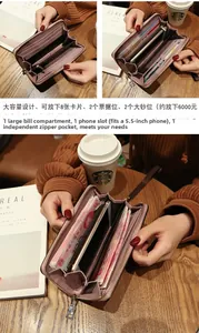 Detail view of pink leather long wallet showing multi-card slots and phone compartment