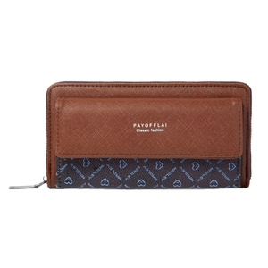 Classic double-layer long wallet with brown cross-grain texture and heart pattern