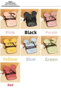 Detail of Mickey-shaped polka dot PU leather card holders in seven vibrant colors