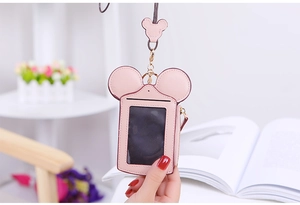 Pink Mickey-shaped PU leather ID holder with zipper pocket and long neck lanyard