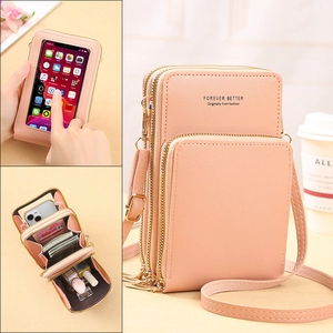 Women Crossbody Mobile Phone Bag PU Leather Multi Layer Touch Screen Purse Wallet Fashion Simple Adjustable Shoulder Strap