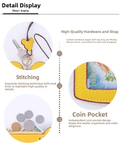 Detail display of yellow cartoon card holder with metal hardware and coin pocket