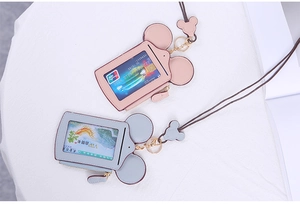 Detail of Mickey-shaped PU leather card holder with neck strap and clear ID slot
