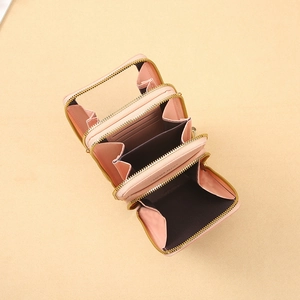 Pink multipurpose leather phone bag with large capacity and multi-layer zipper compartments