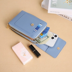Sacoche bleue pour téléphone en cuir litchi avec trois fermetures éclair et rabat aimanté