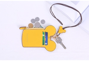 Detail of yellow cartoon mouse card holder with side zipper pocket and lanyard