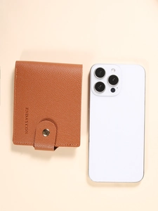 Caramel brown pebbled leather compact wallet for men and women with snap button closure