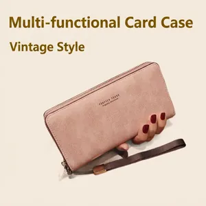 Women Long Wallet Vintage Frosted PU Leather Zip Around Clutch Purse Multi Slot Card Holder Phone Bag With Wristlet