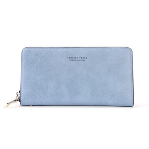 Sky blue long zip wallet for women featuring premium lychee texture and multi-card slots