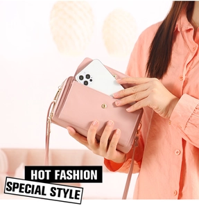 Pink PU leather crossbody phone bag with double zipper and metal snap closure