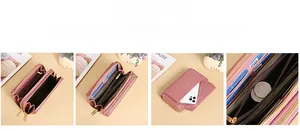 Pink faux leather crossbody bag detail showing multi-layer card slots and phone pocket