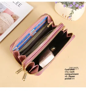 Pink PU leather crossbody wallet interior with 12 card slots and golden heart zippers