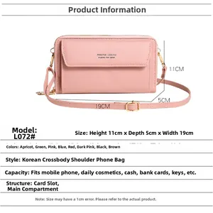 Detailed view of pink crossbody phone bag with dimensions 19cm x 11cm x 5cm shown