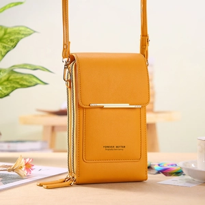 Petit sac à bandoulière moutarde pour téléphone avec écran tactile et finitions dorées chic