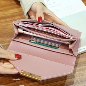 Pink matte leather long wallet for women with gold clasp and multi-card slots