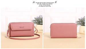 Detail view of pink PU leather crossbody phone bag with gold zippers and dual compartments