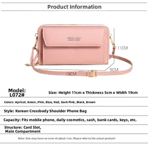 Detailed size guide for pink crossbody phone bag L072 measuring 11x5x19cm and dual zip design