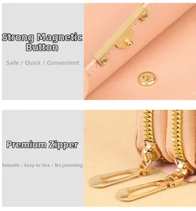 Détails du portefeuille en cuir rose avec bouton magnétique puissant et doubles fermetures dorées