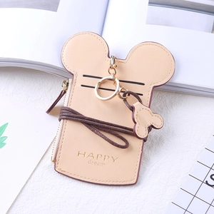 Beige Mickey mouse cartoon card holder with zipper pocket and lanyard for women