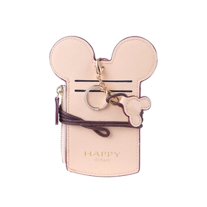 Pink cartoon mouse-shaped card holder with zipper pocket and metal lobster clasp