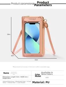 Pink PU leather crossbody phone bag dimensions 12x3x20cm with touchscreen window