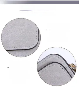 Detail view of the matte grey faux leather texture and precise stitching on the wallet
