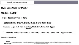 Detailed size chart showing 19x10x3cm dimensions and 16 card slots for the long wallet