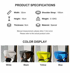 Detailed size chart and four color options for transparent waterproof crossbody chest bag
