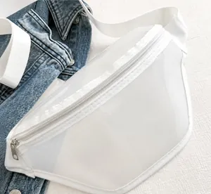 Close-up of white semi-transparent waterproof waist bag with zipper and nylon strap