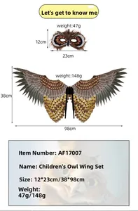 Detailed size specifications for kids owl mask and printed fabric wings costume set