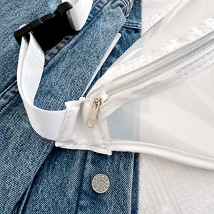 Detail of smooth white zipper and durable woven strap buckle on transparent waist bag