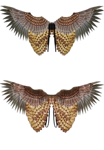 Detailed view of kids owl wing cape with realistic feather texture and elastic straps