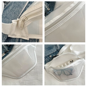 Detail view of transparent PVC waist bag with white trim and adjustable shoulder strap