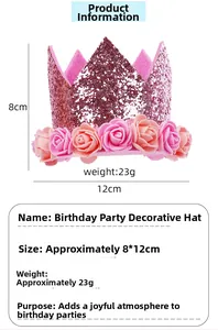 Détail couronne d'anniversaire rose à paillettes avec roses en mousse et dimensions 12x8cm