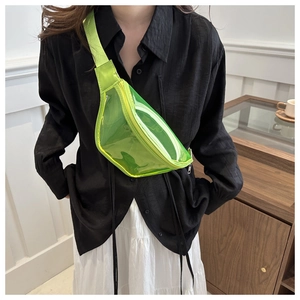 Detail view of neon green transparent waist bag with metallic zipper and adjustable strap
