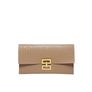 Brown faux crocodile leather envelope handbag with a geometric gold metal buckle