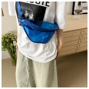 Detail of blue semi-transparent jelly chest bag with matching zipper and nylon strap