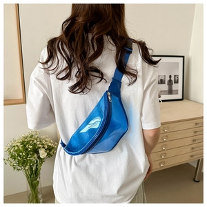 Detail of blue transparent PVC waist bag with adjustable nylon strap on a person