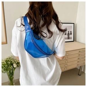 Close-up of a blue translucent multi-functional waist bag with woven strap on a model