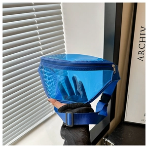 Detail view of blue transparent PVC waist bag showing metal zipper and nylon strap
