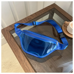 Detail of blue transparent PVC crossbody bag with nylon strap and metal zipper