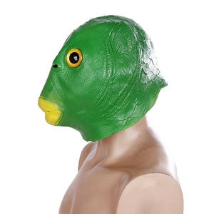 Funny green fish head latex mask with large yellow eyes and realistic scales texture