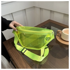 Detail of neon green transparent PVC chest bag with adjustable strap and buckle