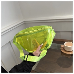 Detail of neon yellow translucent PVC chest bag with adjustable strap and metal zipper