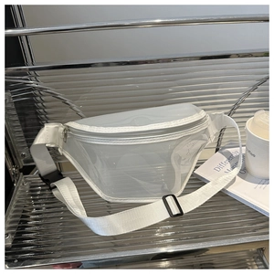 Detail view of transparent PVC chest bag with white adjustable nylon strap on glass shelf