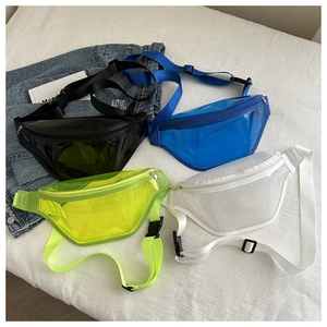 Close-up of four transparent PVC chest bags in black, blue, green and white colors