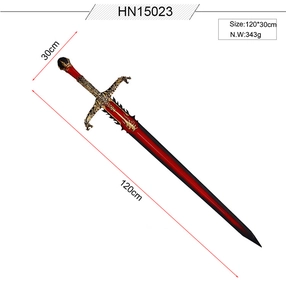 Detailed dragon hilt of a 120cm dark elf PU sword prop with red black gradient blade