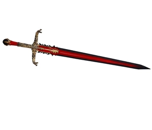 Macro shot of dark elf fantasy sword detail with golden dragon relief and flame pattern
